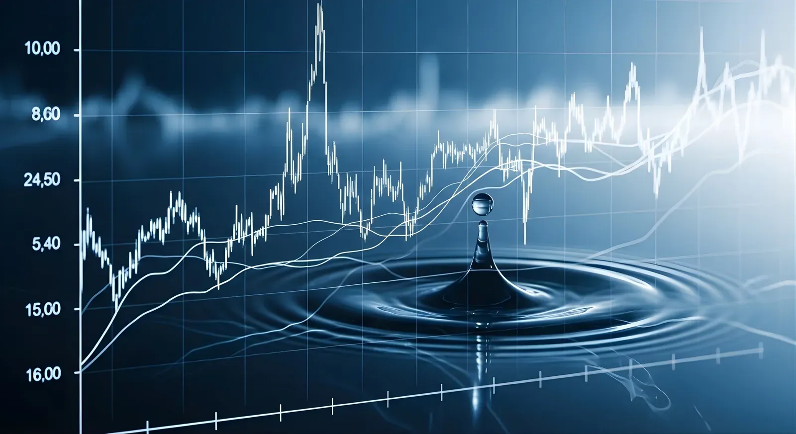 A droplet meeting still water beneath a rising financial chart
