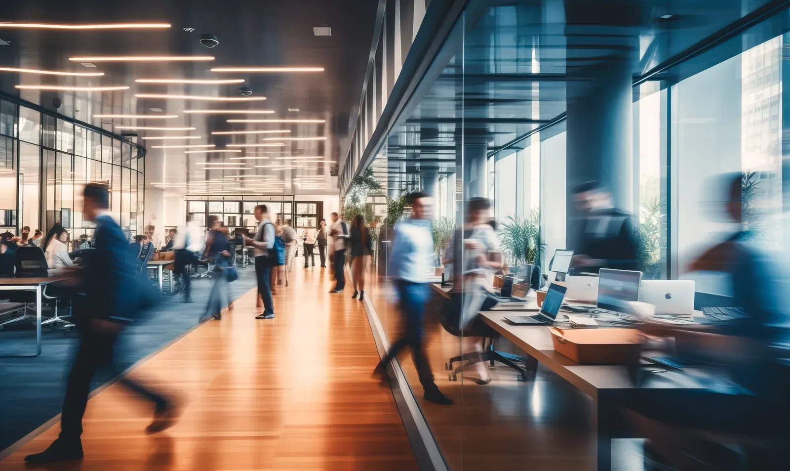 An open-plan office mid-morning, people moving between desks