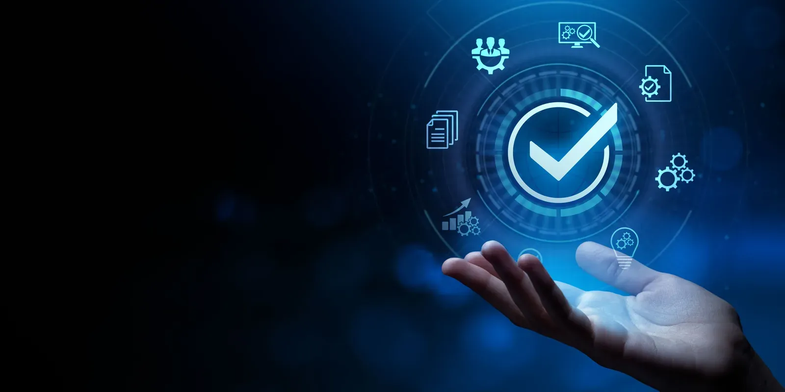 A checkmark inside a ring of compliance icons on a dark ground