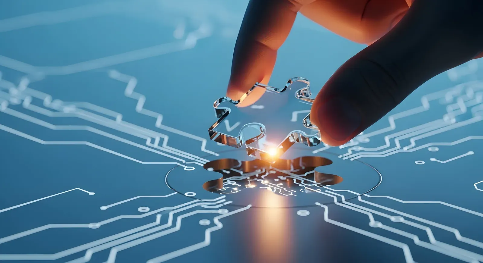A hand completing a circuit-board puzzle