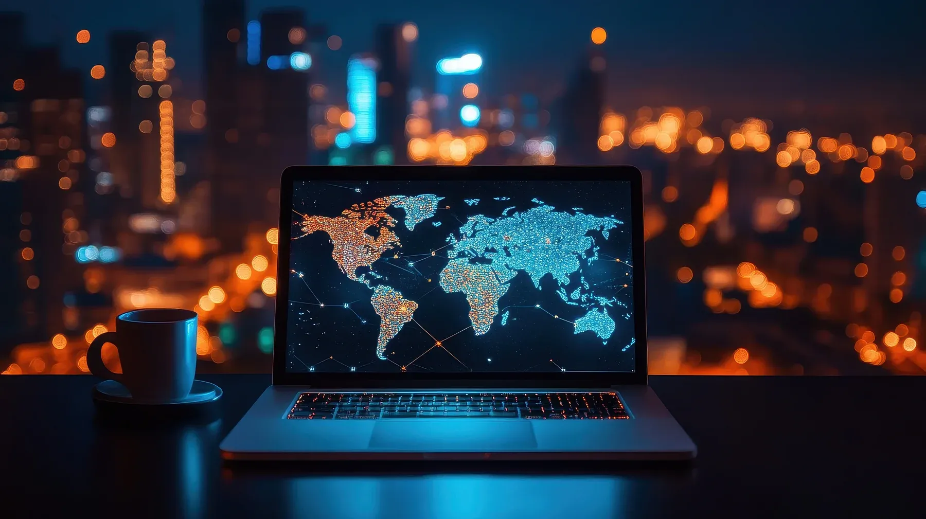 Blockchain activity mapped across the world on a laptop