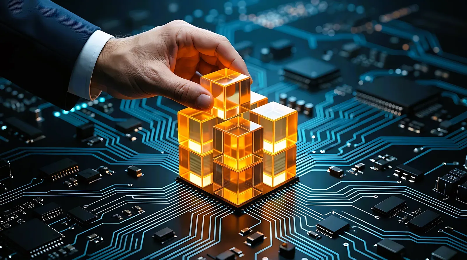 A hand stacking glowing blocks on a circuit board