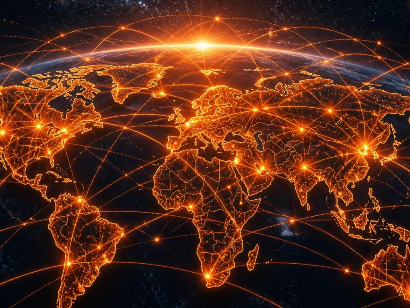 A world map lit by connected points of light